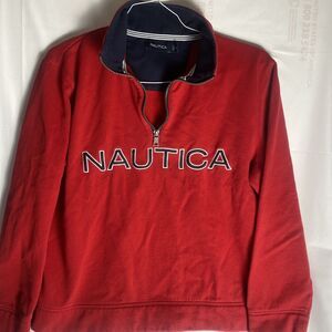 Nautica Men's Medium Red Quarter Zip Pullover Sweatshirt Logo Embroidered Casual